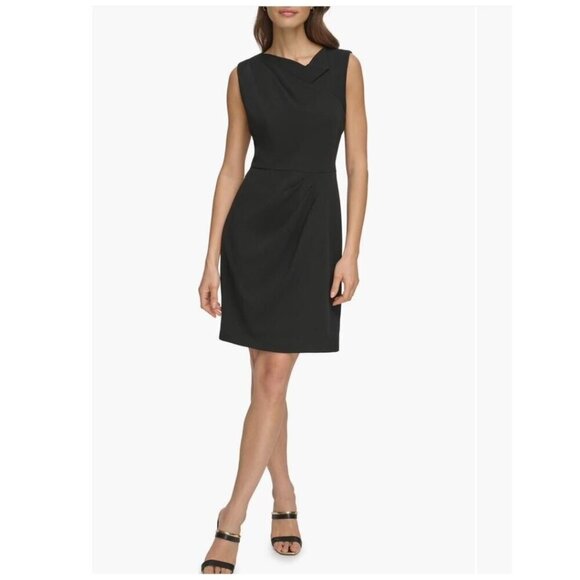 DKNY Womens Black Classic Sleeveless Fold Over Neck Shift Dress Sz 14 New - Picture 1 of 9